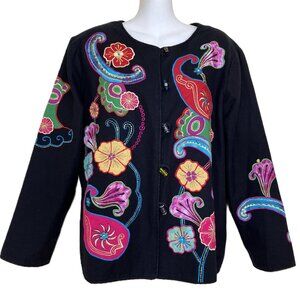 Indigo Moon Flower Applique Jacket Glass Buttons Black with Colorful Floral